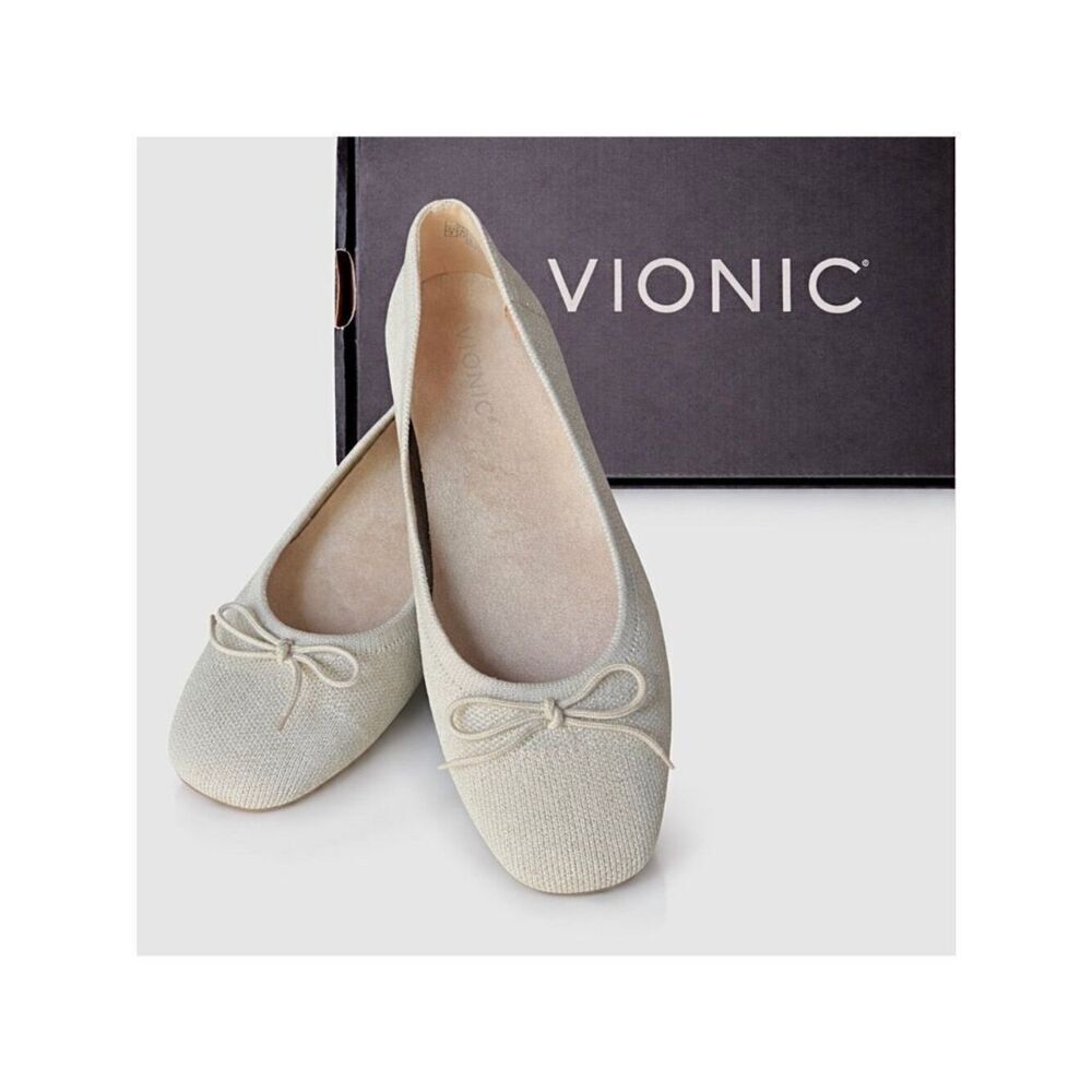 Vionic Klara Supportive Ballet Flats Womens 6 Wide Oatmeal Gold Knit Arch Suppor